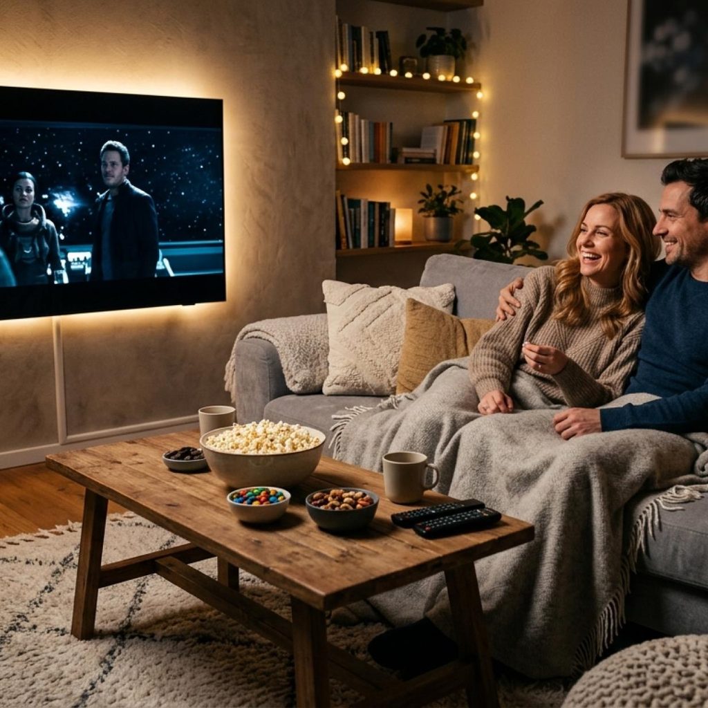 Un salon chaleureux avec un téléviseur pour illustrer le plaisir de regarder une série.