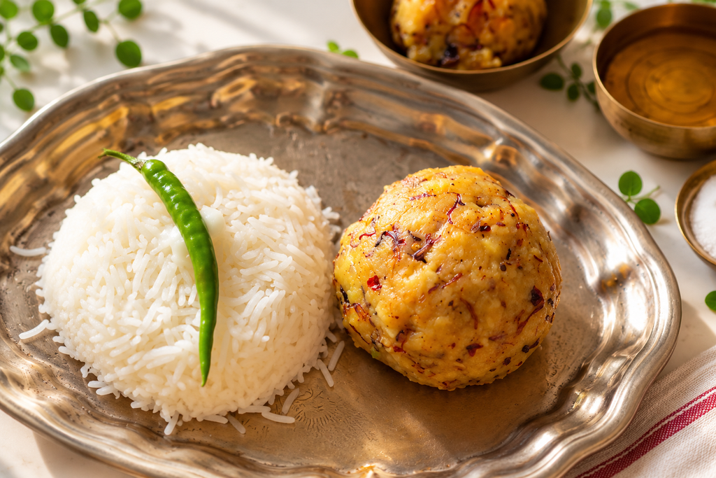 Aloo Bhorta, pommes de terre épicées servies avec du riz blanc, parmi nos recettes bangladaises faciles
