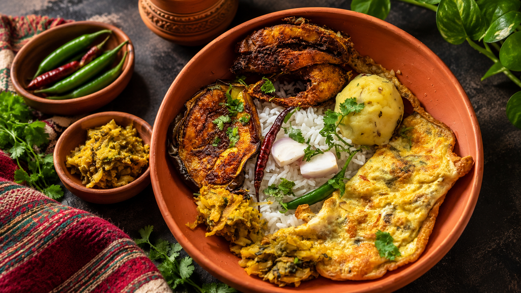 Repas traditionnel bangladais avec riz, poisson frit, légumes épicés et purée de pommes de terre