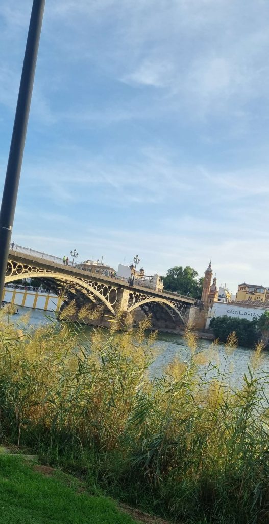 pont historique elisabeth II sur le fleuve Guadalquivir à Séville, bordé de végétation sous un ciel bleu.