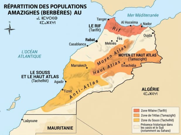 Carte représentant les régions du Maroc dans lesquelles se trouvent les Amazighes: le Haut-Atlas, le Moyen-Atlas, l'Anti-Atlas, le Rif. 