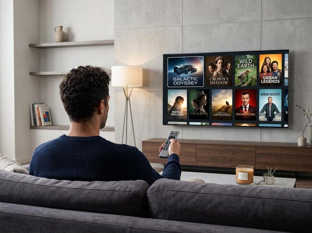 Une personne regardant une série sur un écran moderne.